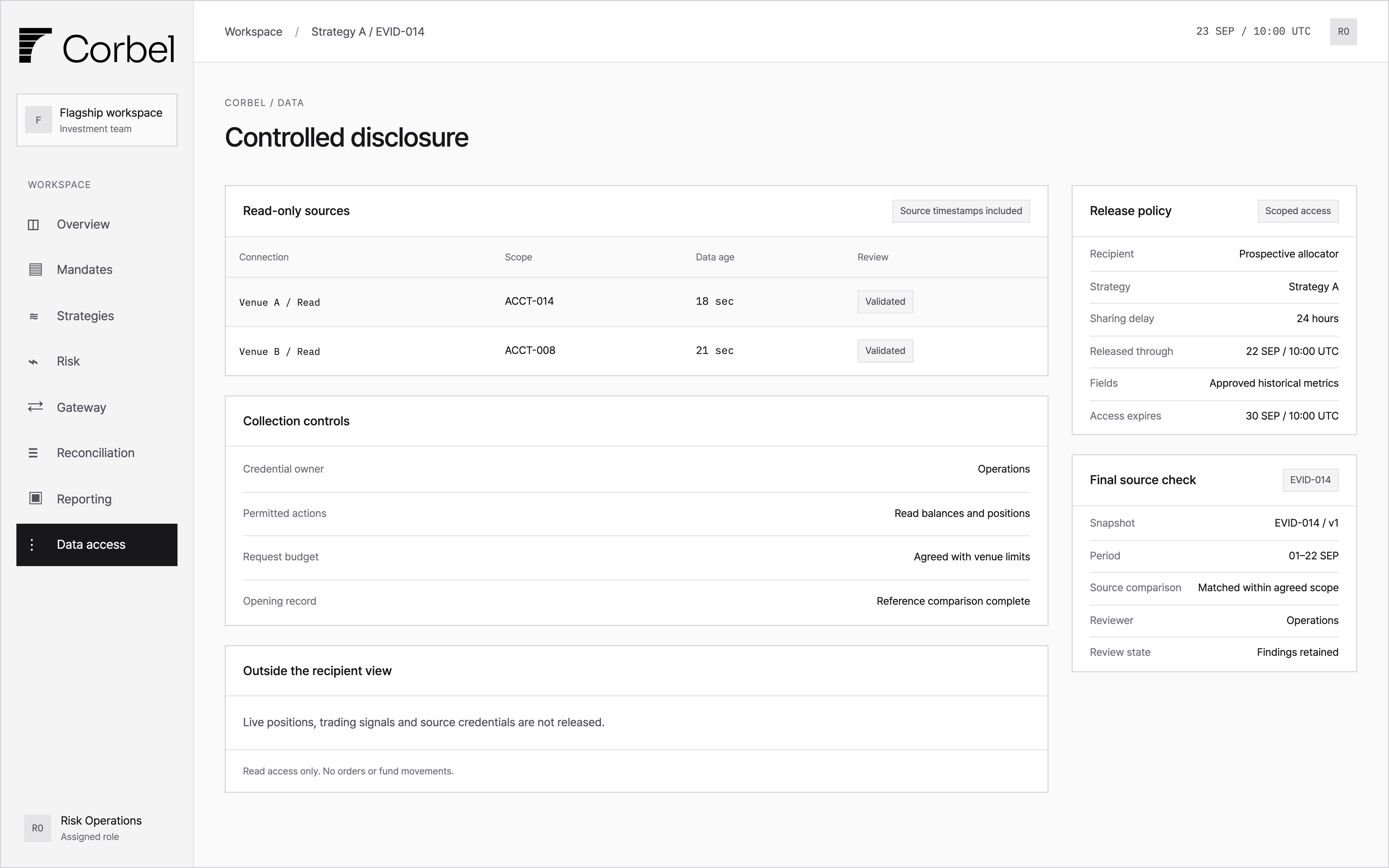 Controlled disclosure workspace showing read-only connections, a 24-hour release delay and a scoped verification record for Strategy A.