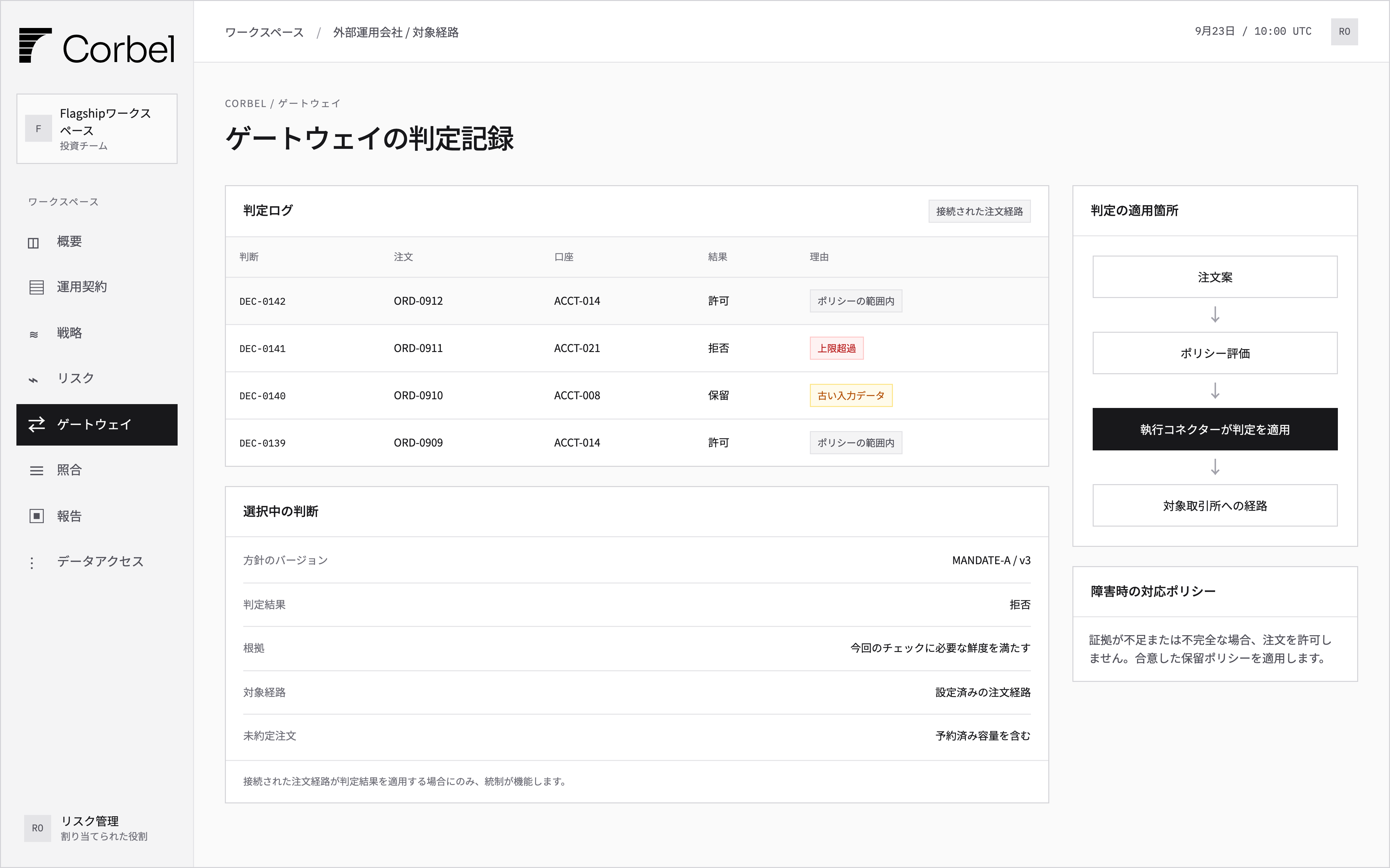 許可・拒否・保留の結果、注文の範囲、執行コネクターの強制適用情報を表示するゲートウェイの判断ログ。