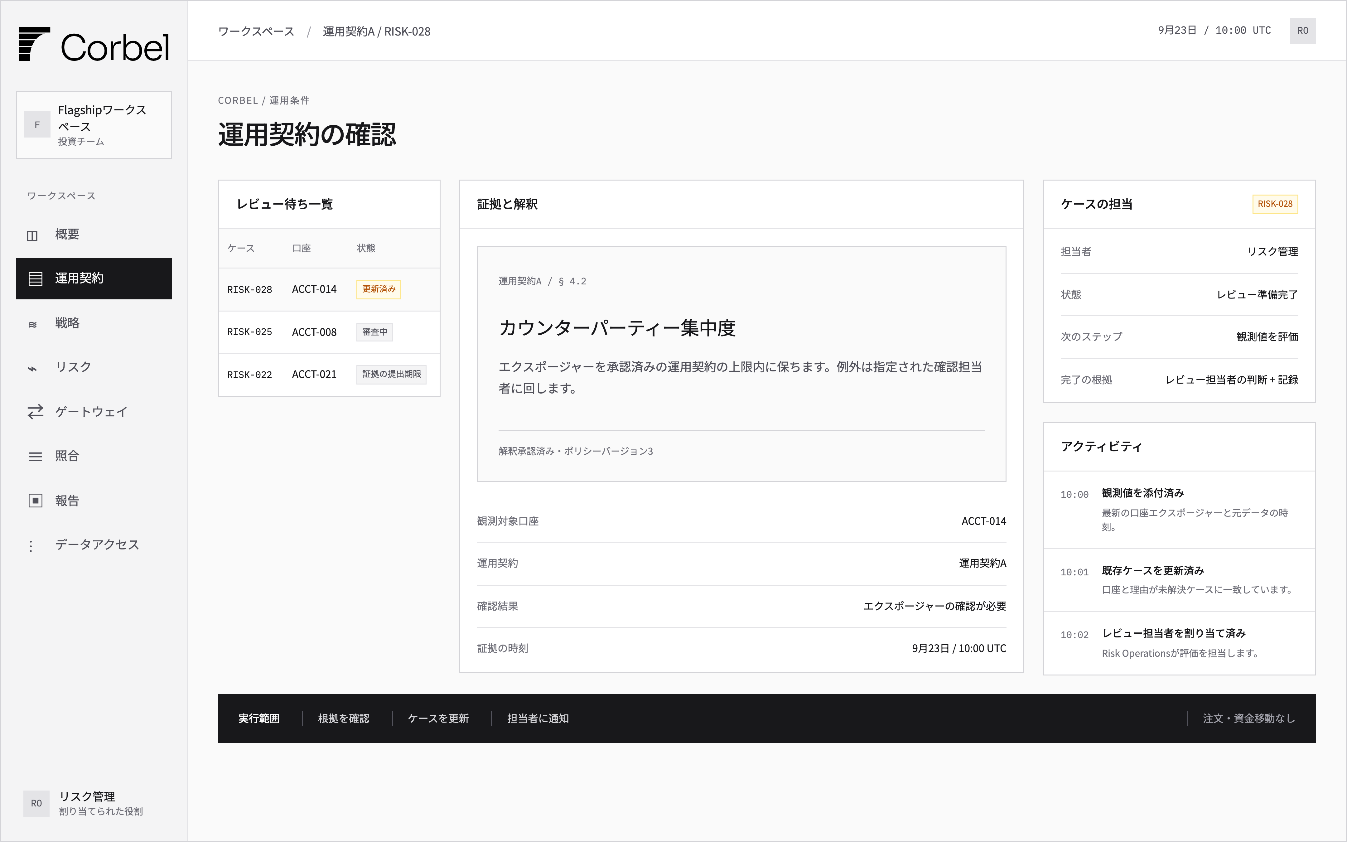 エクスポージャーの例外、関連する契約条項、確認担当者、ケース履歴を表示するCorbelの運用契約確認画面。