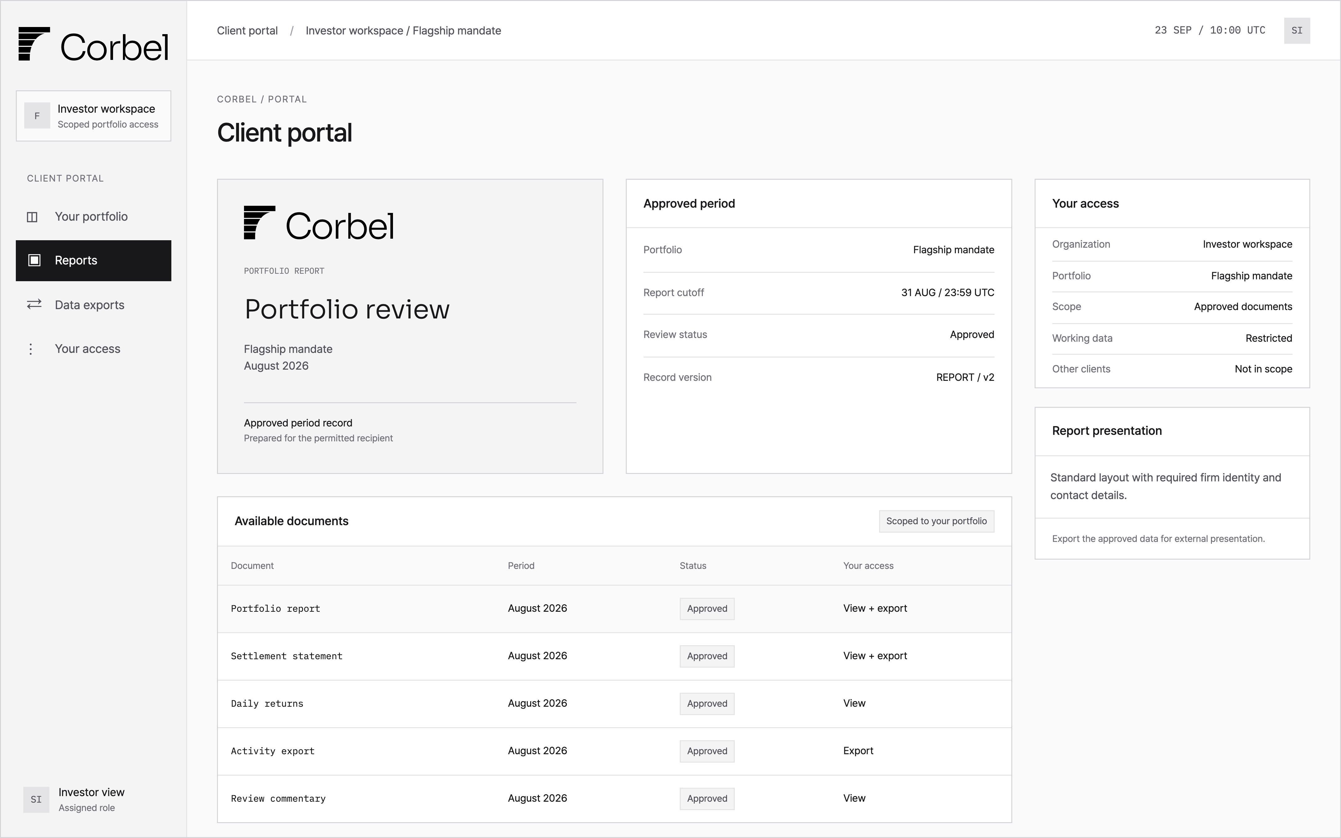 Client portal showing approved portfolio reports, settlement statements and separate viewing and export permissions.