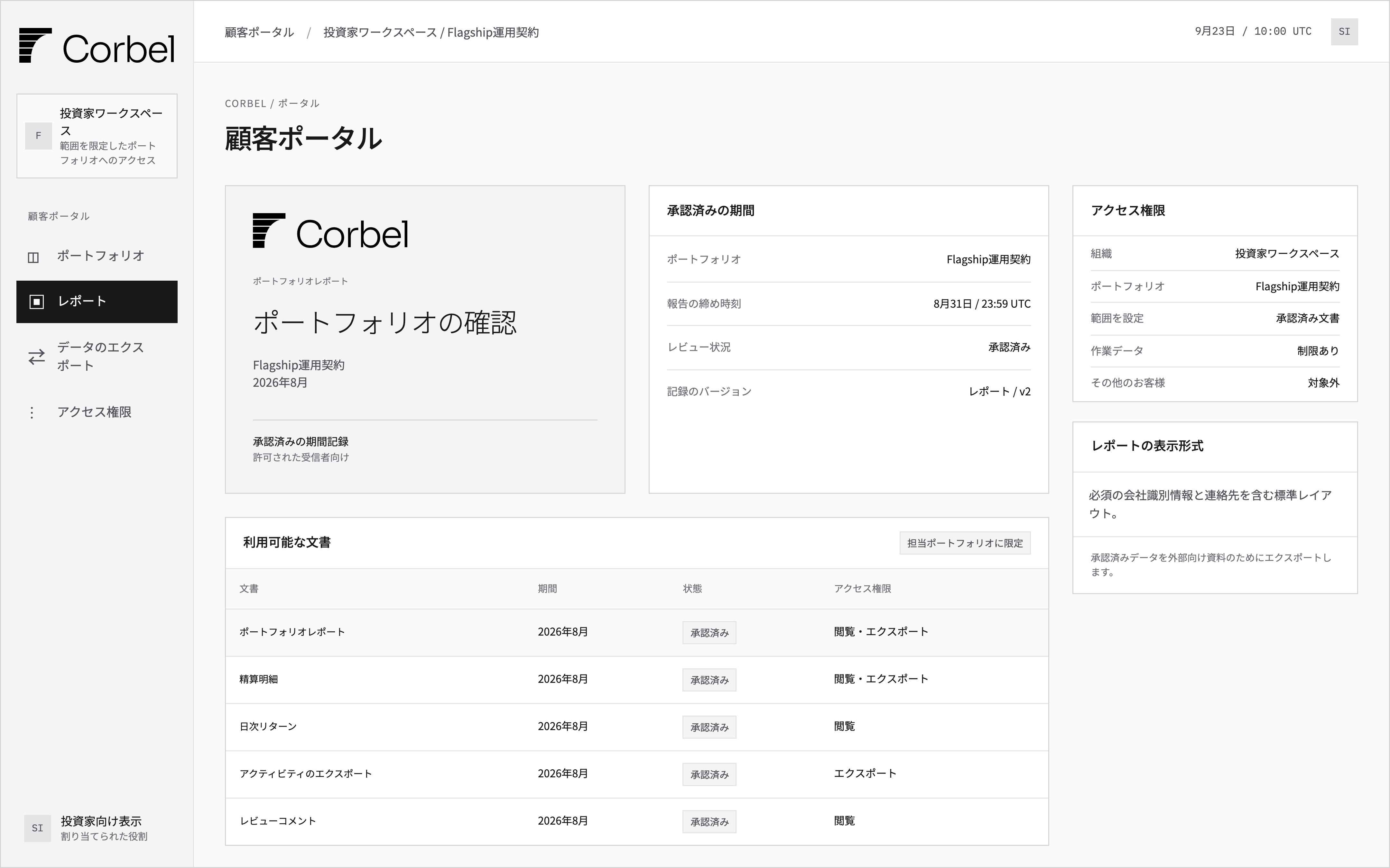 承認済みのポートフォリオ報告書、精算明細、閲覧と出力の権限を示す顧客ポータル。